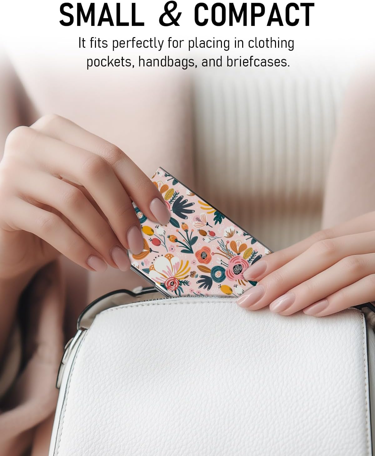 Business Card Metal Slim Organizer, Professional Stainless Steel Square Pocket Wallet for Office Workers, Compact and Portable for Pockets (Pink Flowers)