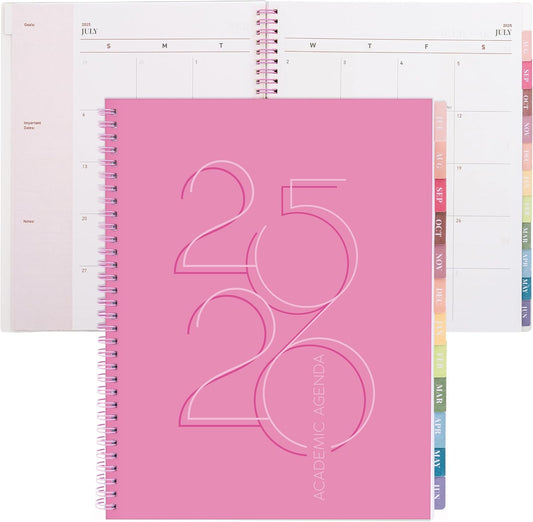 Rileys Academic Planner 2025-2026, Daily, Weekly & Monthly Planner, July 2025 - June 2026, Student Notes Pages, Twin-Wire Binding, Weekly Agenda for School & Work (8.5 x 11-Inches, Pink, Deco)