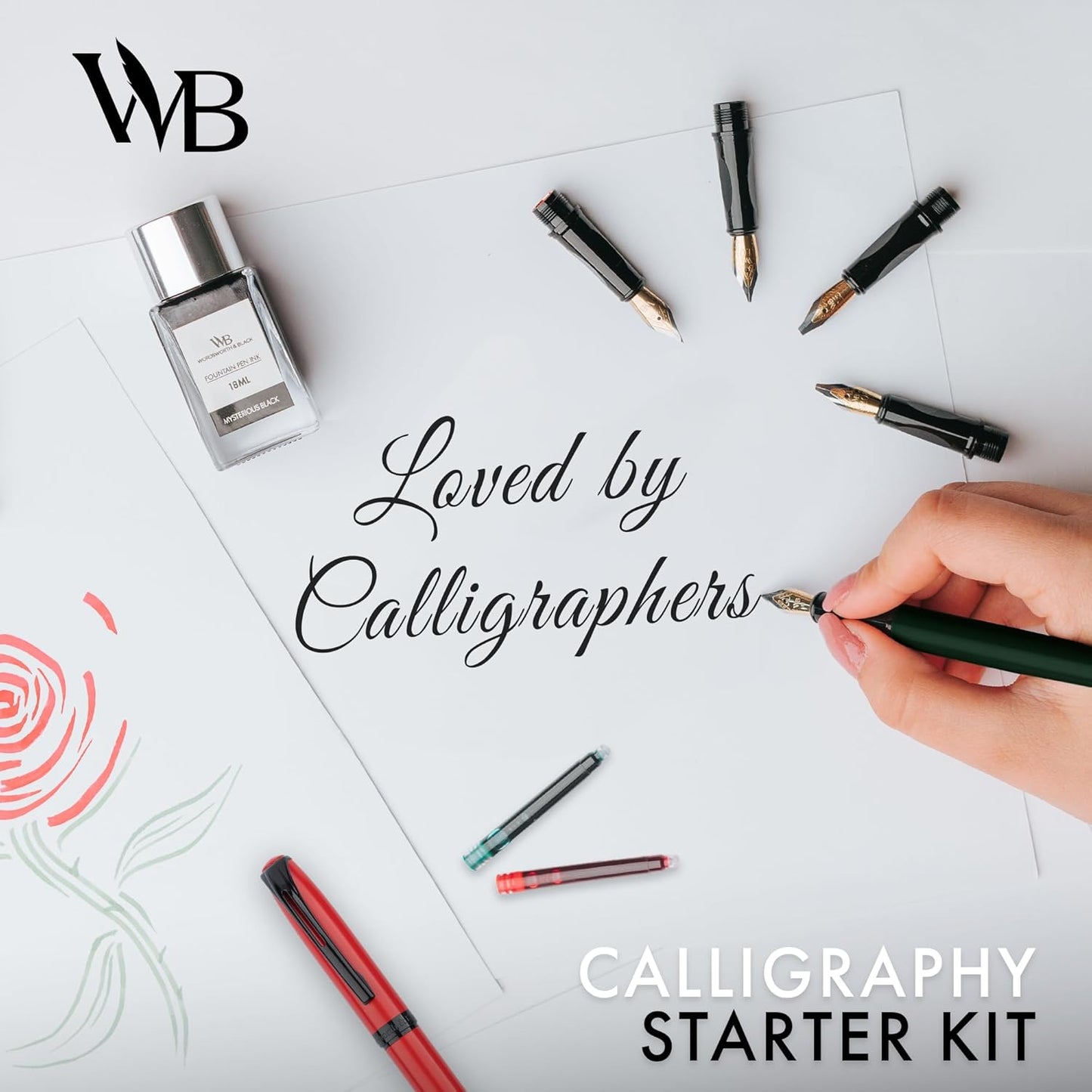 Wordsworth and Black Calligraphy Pen Set - Green - Includes 2 Calligraphy Pens, 18 ML Ink Bottle, 60 Ink Cartridges, Ink Refill Converter, 1 Medium and 4 Broad Nibs, Brush Pen