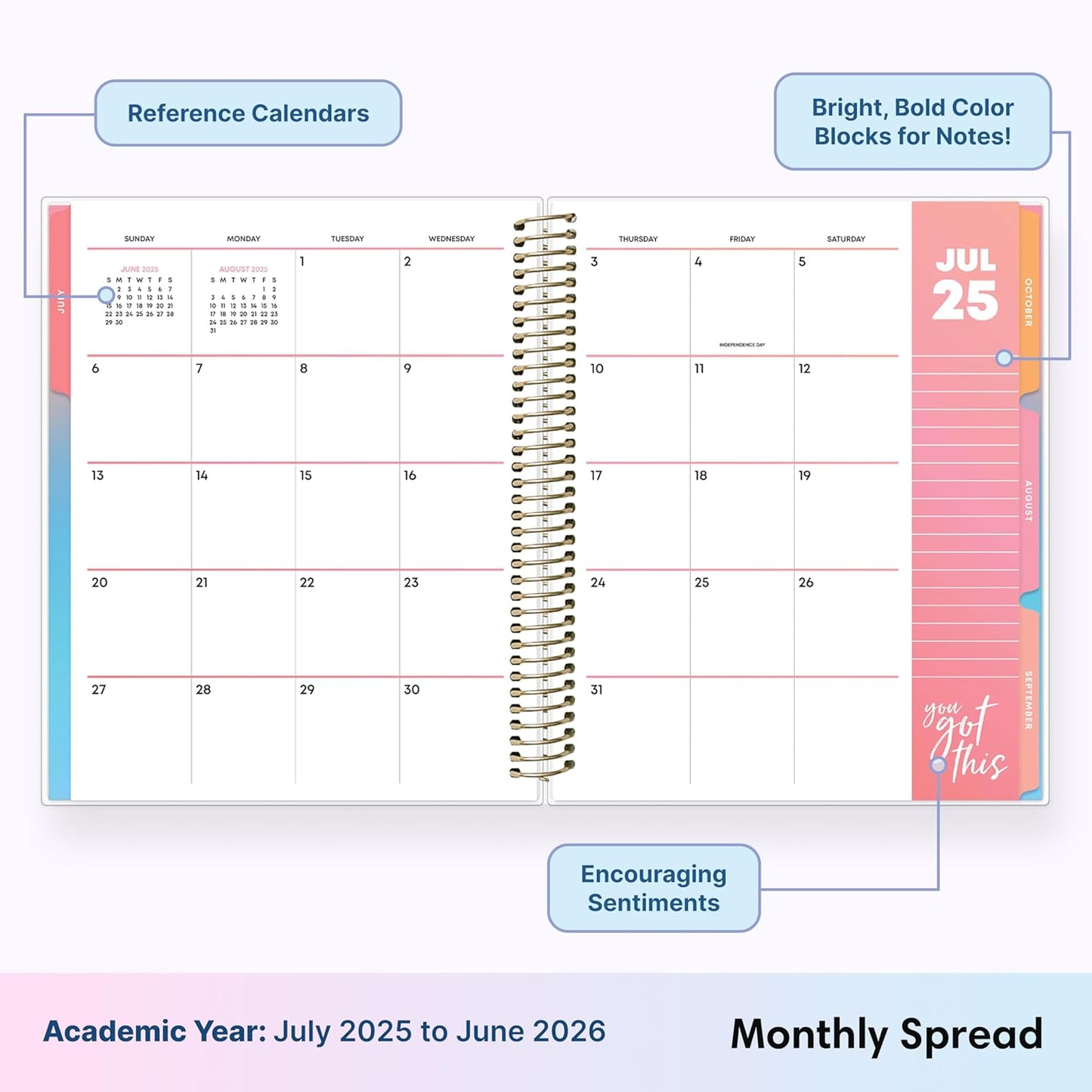 Blue Sky LiveWell 2025-2026 Academic Year Weekly and Monthly Planner Calendar, July 2025 - June 2026, 12-Month, 7" x 9",Flexible Cover, Wirebound, Laminated Tabs, Storage Pocket, Stickers, Charmie