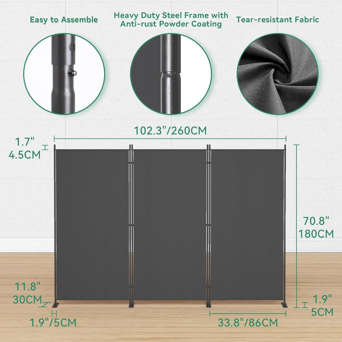 Helios&Hestia 3-Panel 6 ft Tall Indoor Folding Room Divider, Portable Privacy Screen, Freestanding Partition Separator, Temporary Wall Separation for Bedroom, Office, 102" W X 71" H, Dark Grey
