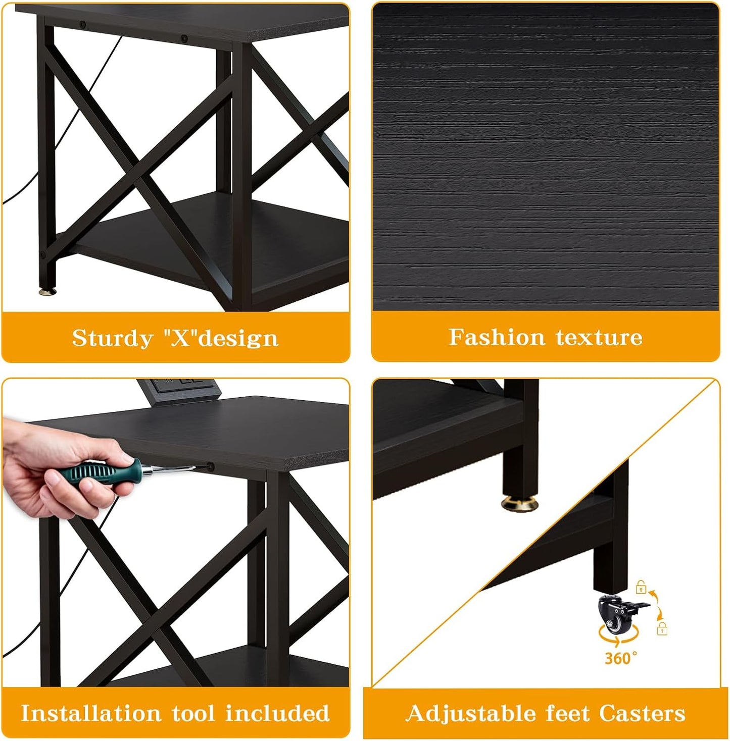 Large Printer Stand with Power Outlet, with Storage Shelf, 2 Tier Rolling Printer Cart with Industrial Wheels, 23.6 x 23.6 Inches Printer Table for Home Office,Black