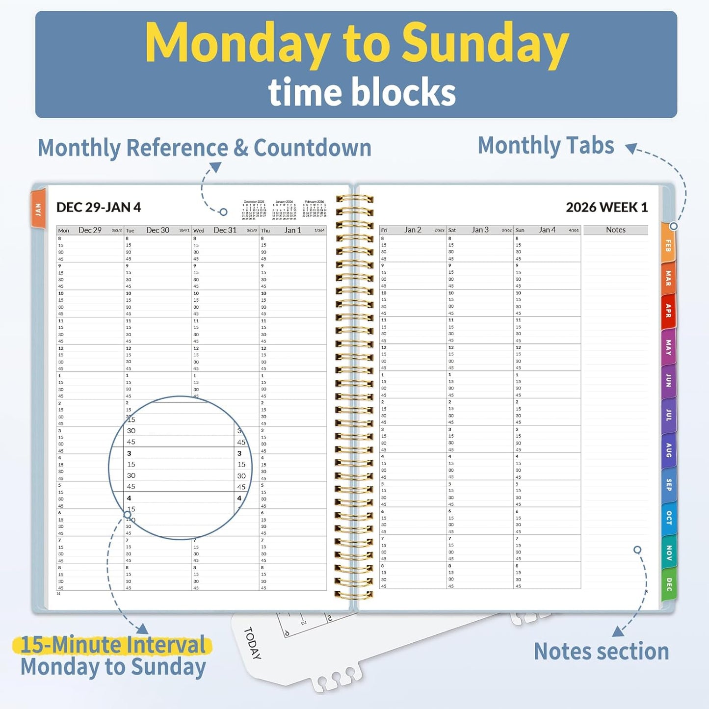 SUNEE 2026 Appointment Planner 15-Minute Time Block – Weekly & Monthly Spiral Organizer with Note Section – Thick Paper, Lay-Flat Bound – 8.5 x 11 for Office, School, Salon, Men & Women, Gray Blue