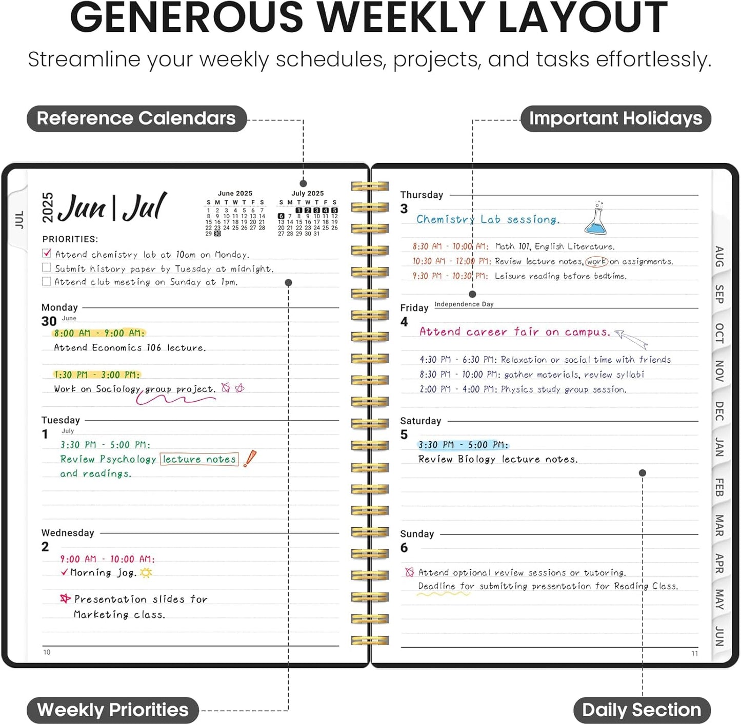 Planner 2025-2026, Academic Year Weekly and Monthly Calendar Planner, July 2025 - June 2026, Spiral Bound School Planning Tool, Perfect for Teacher, Student, Woman & Men - A4 (8.5" x 11"), Black