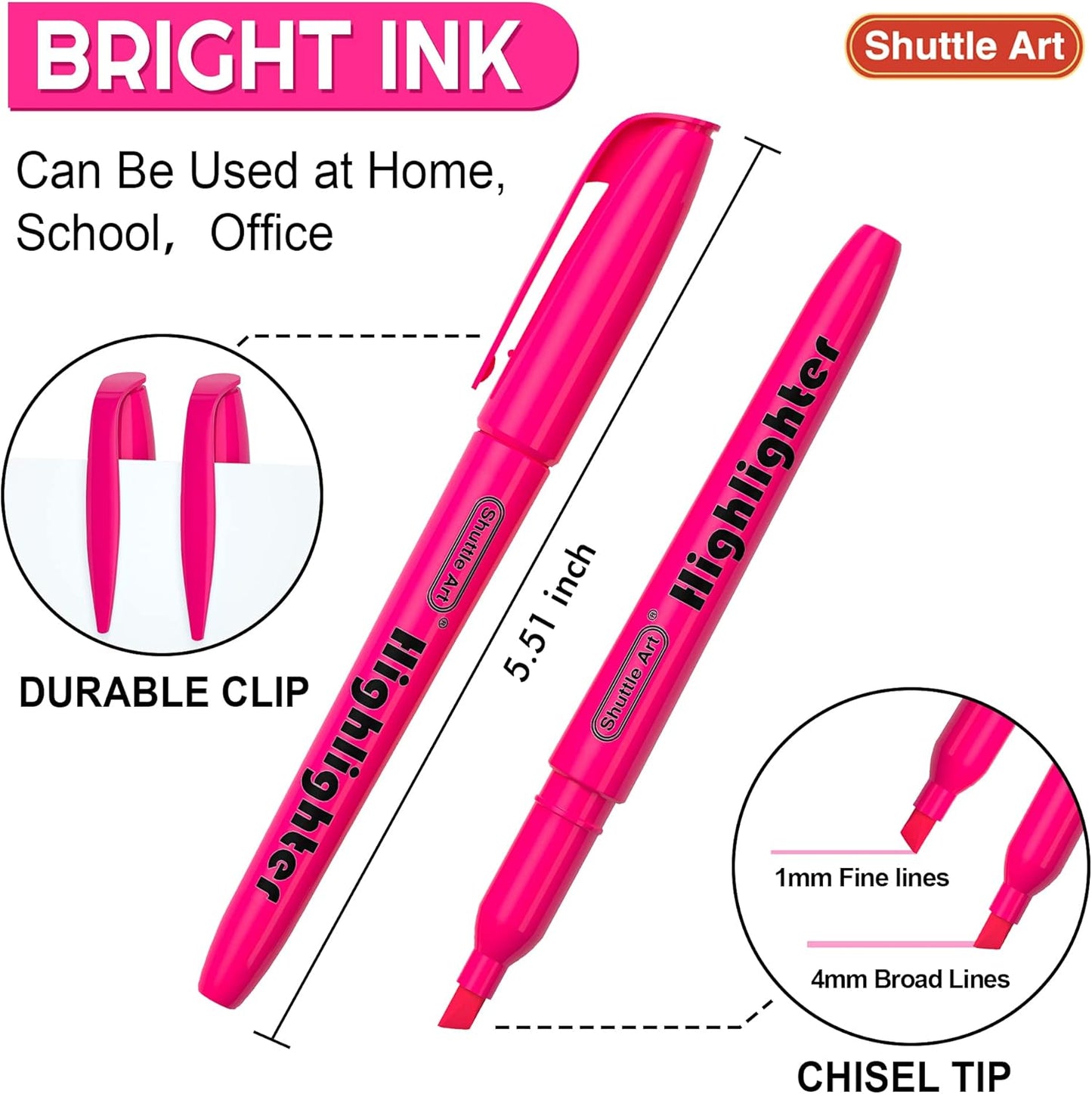 Shuttle Art Highlighters, 30 Pack Highlighters Bright Colors, Pink Colors Chisel Tip Dry-Quickly Non-Toxic Highlighter markers for Adults Kids Highlighting in the Home School Office