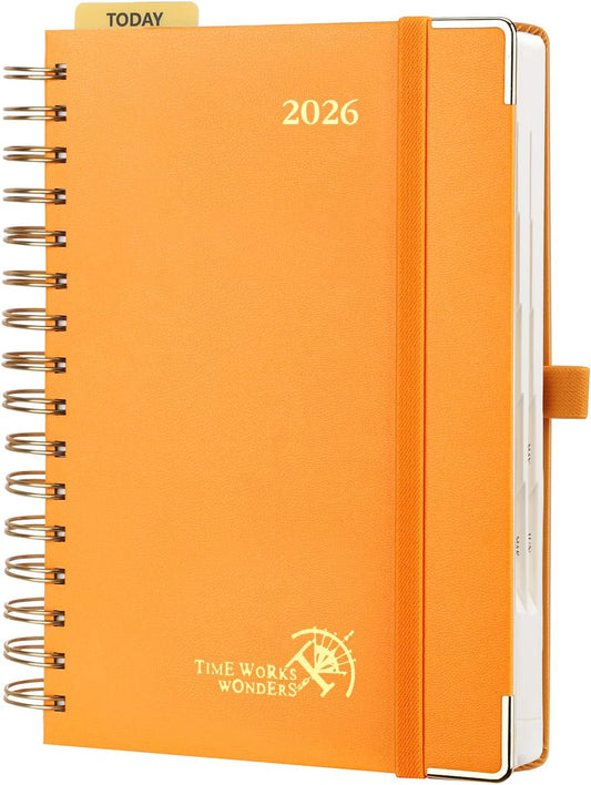 POPRUN 2026 Daily Planner One Page A Day - [8.5" x 5.75" Wire-Bound Hard Cover] Agenda 2026 Hourly Appointment Book with Monthly Calendar, Inner Pocket, Ivory Paper - Orange