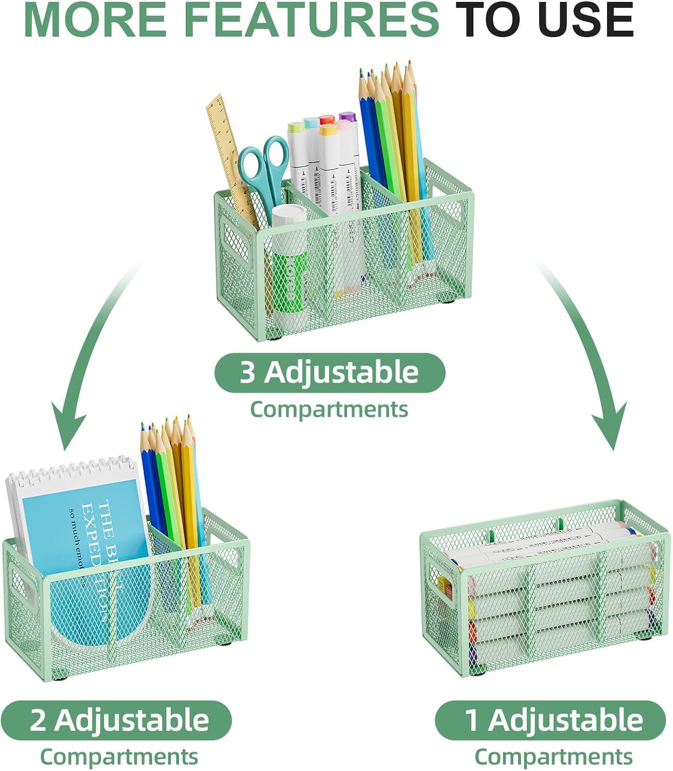 Marbrasse Mesh Pen Holder for Desk,Pencil Holder Desk Organizer 3 Adjustable Compartments,Pencil Cup with Handle Perfect for Classroom, Office, Home,Makeup,Art (Green)