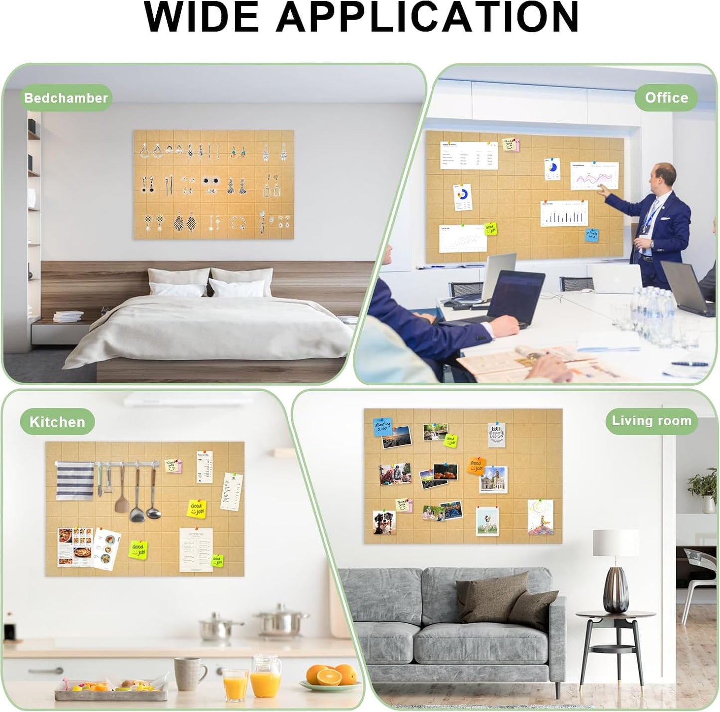 12 Pack Large Cork Board for Walls, 48" X 36" Felt Bulletin Board Tiles with 48 Safe Removable Adhesive Tabs & 60 Push Pin Board Decorative Cork Board Tack Board Wall Organizer for Office - Gold