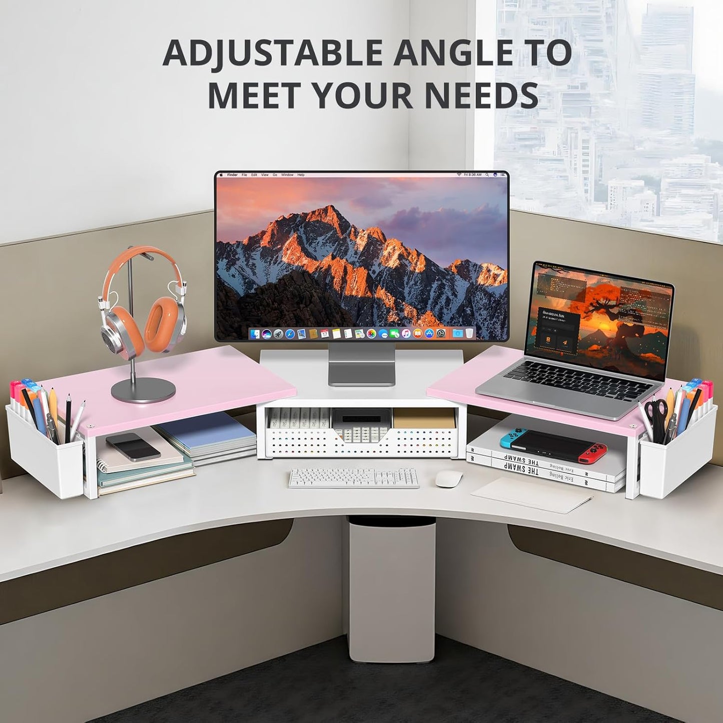 Desk Dual Monitor Stand Riser - Desk Organizer with Drawer and Pen Holders, Office Desk Accessories & Workspace Organization, Computer Monitor Stand for Laptop, Printer(Pink＆ White)