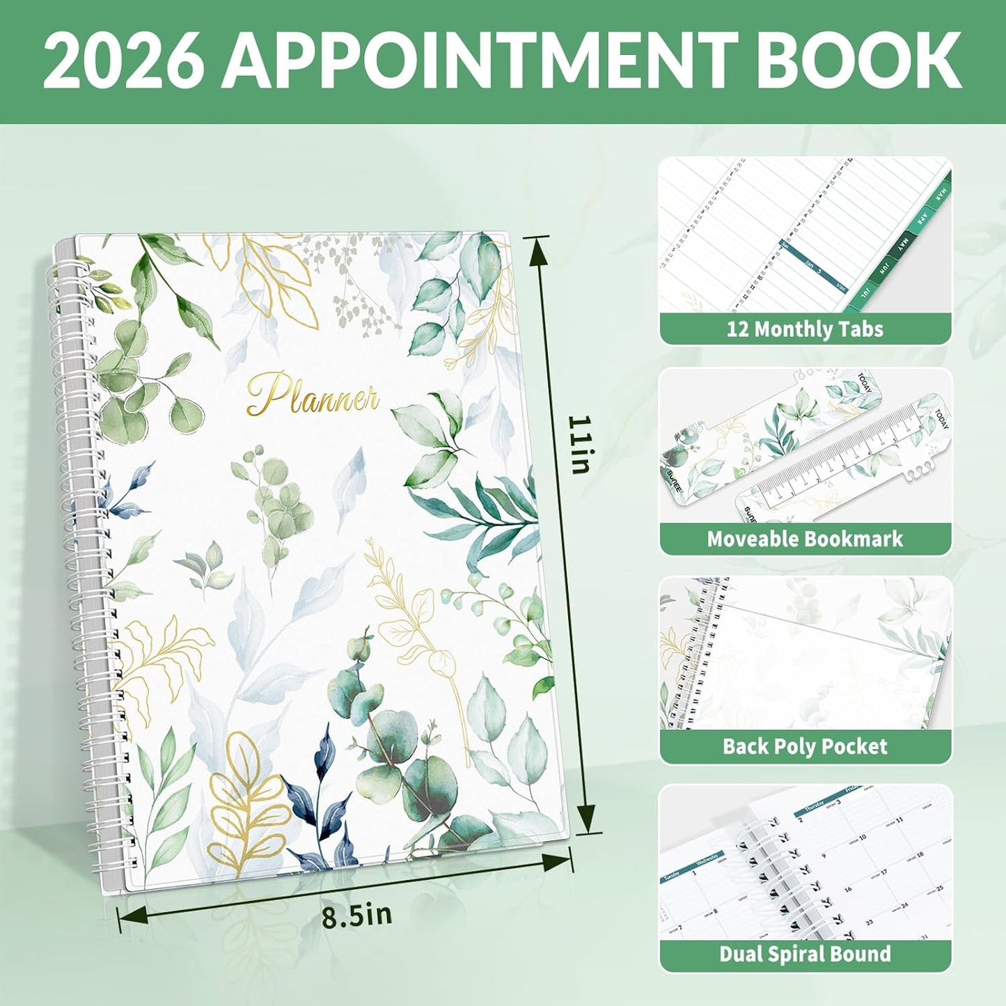 SUNEE 2026 Appointment Book, Quarter-Hourly, Weekly & Monthly - from January 2026 - December 2026, 8.5"x11" Weekly Planner, Flexible Cover, Note Pages, Pockets, Bookmark, Spiral Binding, Greenery