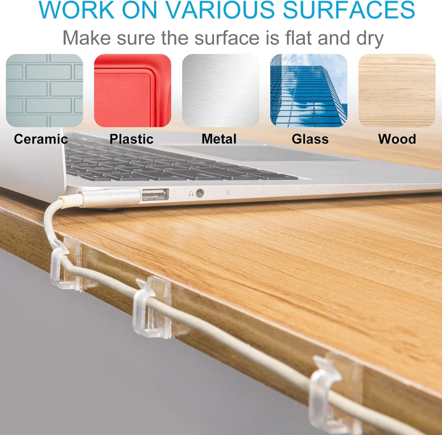 100 PCS Outdoor Light Clips for Christmas Lights (Large, Clear), Adhesive Cable Clips for Cable Management Under Desk, Wall Wire Holders Hooks Cord Organizer for LED Lights, Car, PC