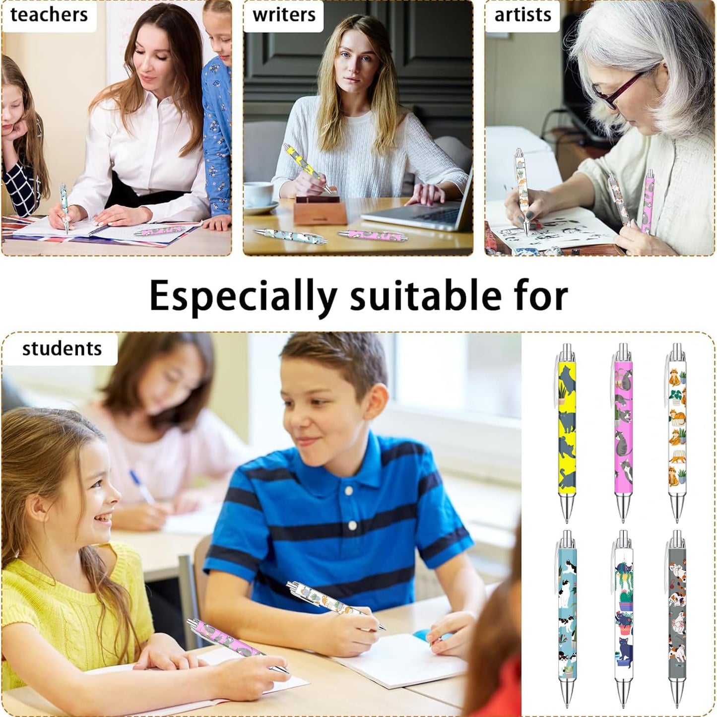 Idealmuzik 6 Cat Pens for Cat Lovers,Cute Kawaii Funny Cats Kitty Themed Paw Ballpoint Gel Pen, Japanese Stationary Notebook Diary For Women Office Worker Supplies Stuff Decor Desk Accessories Gifts