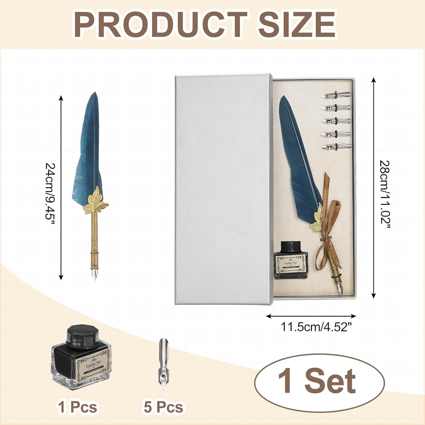 PATIKIL Feather Quill Pen Set, 1 Set Vintage Feather Calligraphy Pen Fountain Dip Pen Set with Ink, Pen Holder and Replacement Nibs for Beginner Writer Writing Gift, Navy Blue(Silver Box)
