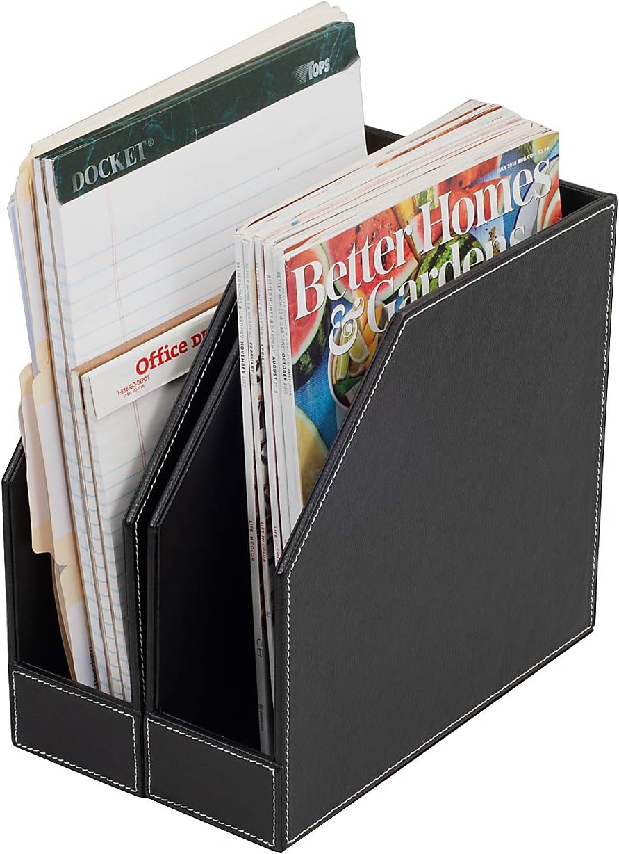 MobileVision Executive Leather Vertical File Folder Holder & Office Product Organizer, Store Files, Magazines, Notepads, Books and more, 2 Pack Combo Set