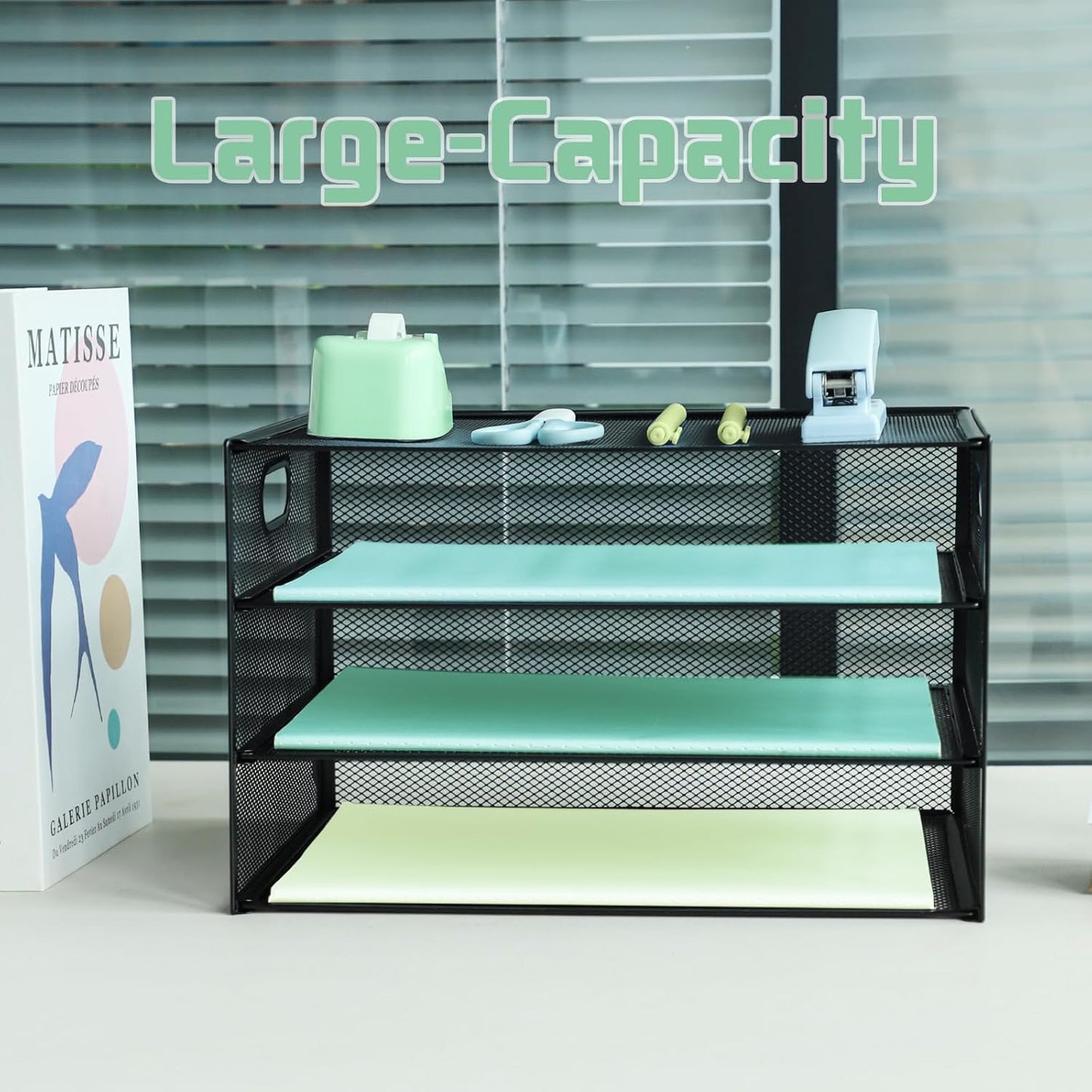 Paper Letter Tray with Handle, 3 Tier Metal Mesh Desk File Organizer, A4 Paper Desktop Filing Trays, Desk Tidy Magazine Document Holder for Home Office, Black