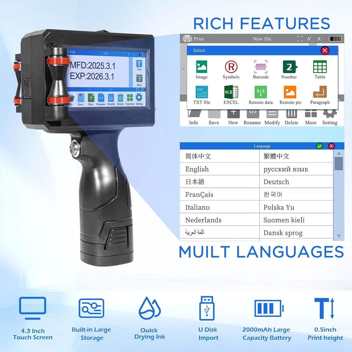 Handheld Inkjet Printer with 42ml Quick-Drying Ink Cartridge, Portable Ink Jet Coding Machine for Text/Date/Batch Number/QR Code/Barcode/Logo, Print Height from 0.08 to 0.5 Inch (ZM-C800)