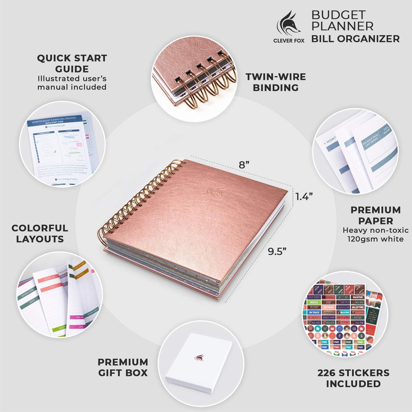Clever Fox Budget Planner & Monthly Bill Organizer with Pockets. Expense Tracker, Budgeting Journal & Financial Book. Large, 8x9.5" (Rose Gold)