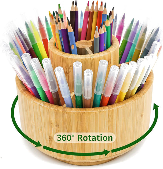 VaeFae Bamboo Pen Holder Organizer, 360° Rotating Art Supply Organizer, Desktop Storage for Marker Pens, Colored Pencil, Art Brushes, etc.