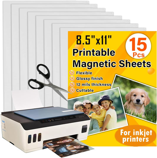 Printable Magnetic Sheets 8.5x11 Inches, 15 Sheets Glossy Print Paper Non-Adhesive Backing, 12mil Thickness for Inkjet Printers DIY Flexible Magnet Photos