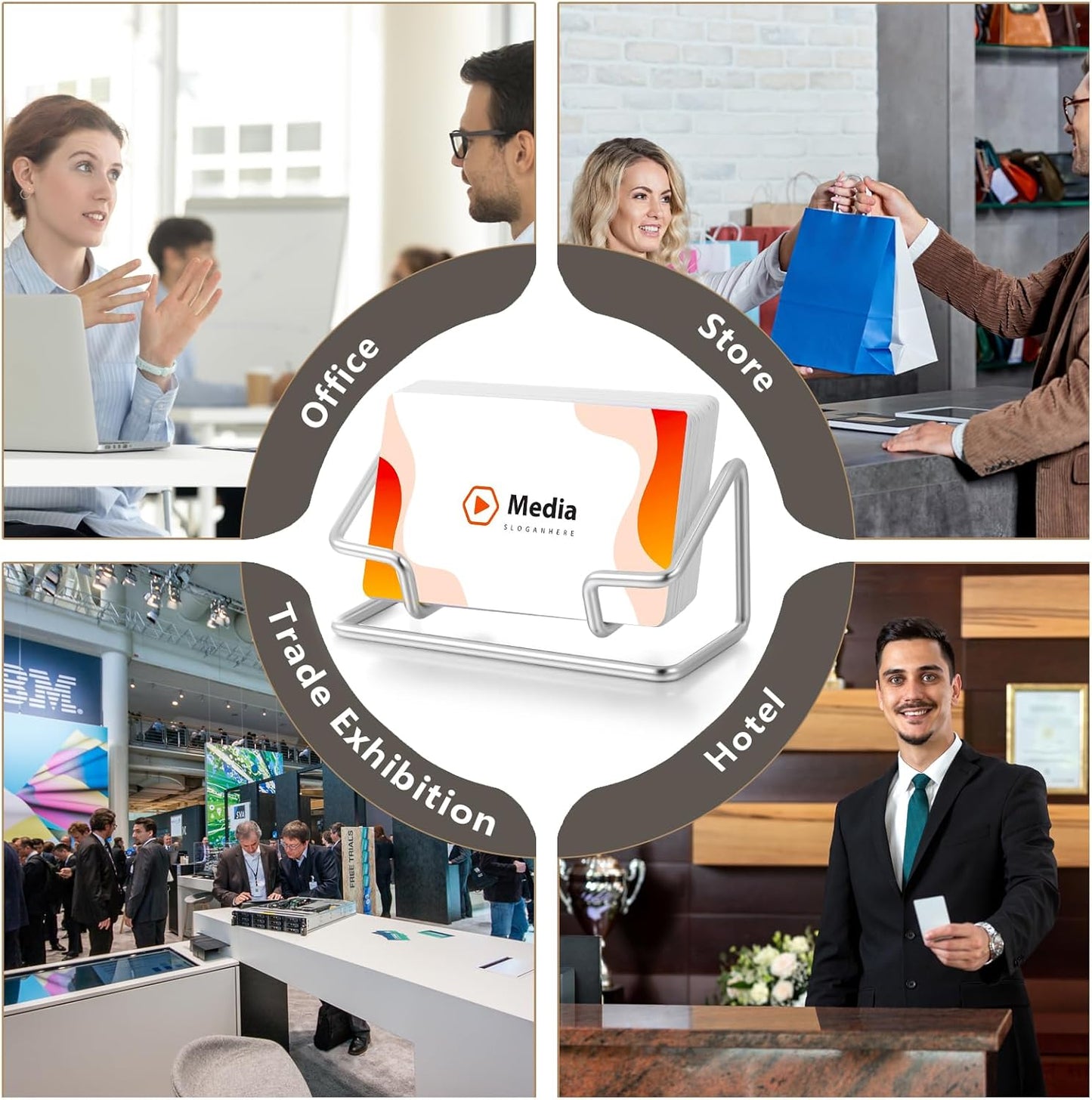 Landhoow 2 Pcs Business Card Holder for Desk, Cute Metal Card Organizers Display Stand Postcard Holder Rack for Desktop Working Office Home Daily Use (Silver)