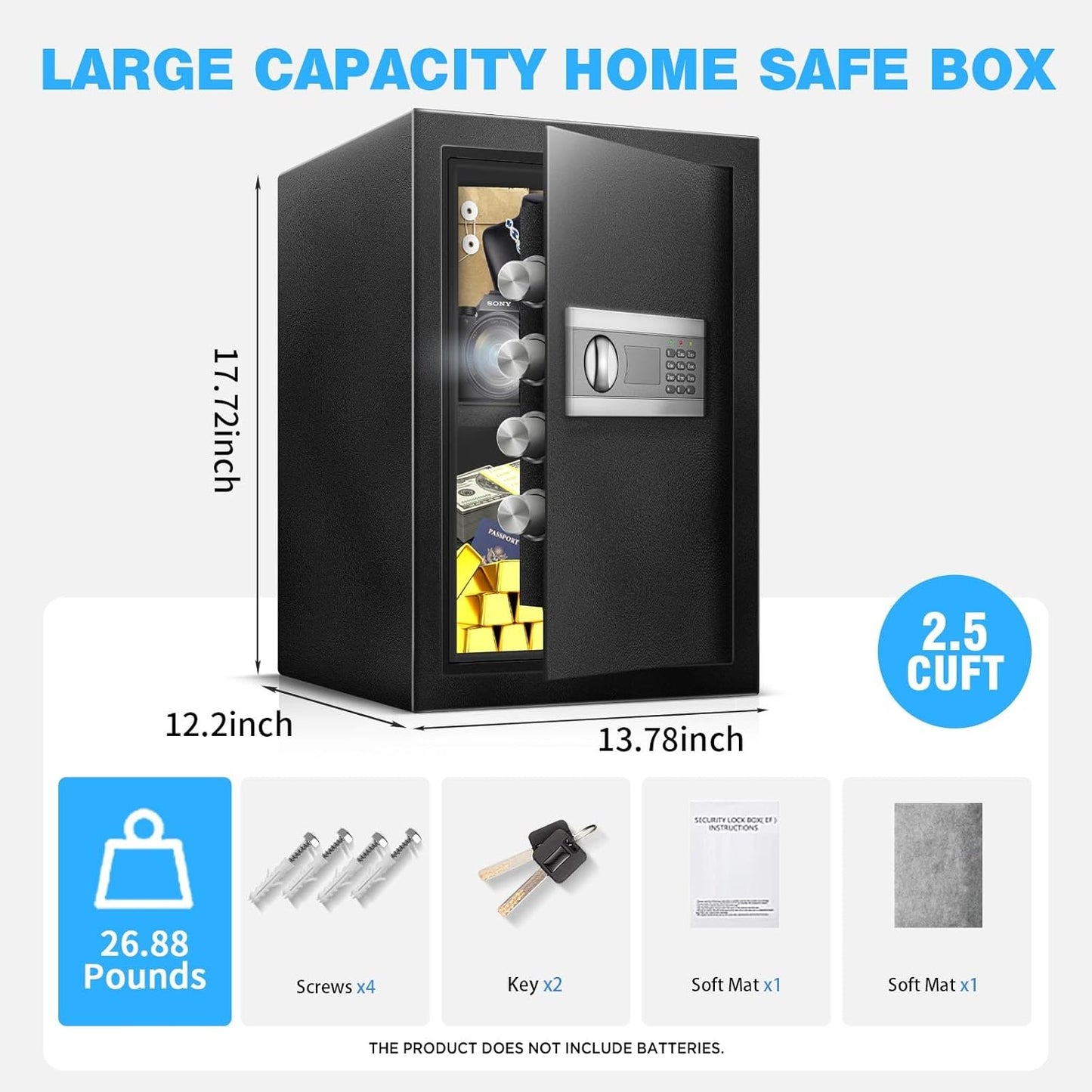 2.5 Cuft Fireproof Safe Box, Home Safe with Fireproof Waterproof, Anti-Theft Electronic Digital Security Box, Mute Function & Alert System, Safety Personal Combination lock for Document Jewelry Cash
