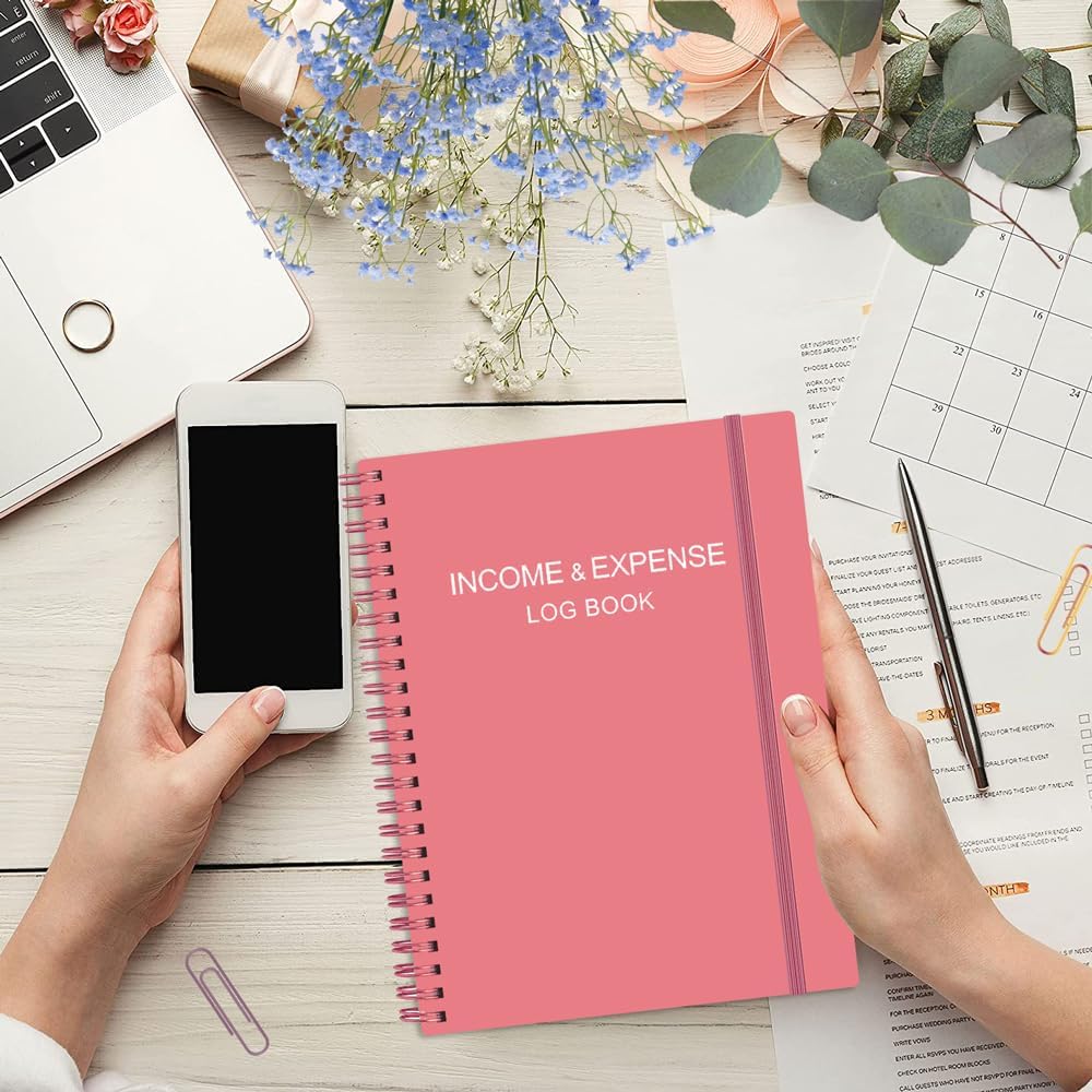 Heveboik Income & Expense Log Book - A4 Income and Expense Tracker for Small Business, Accounting Bookkeeping Tracking for Woman and Man, 8" x 10.5", Pink