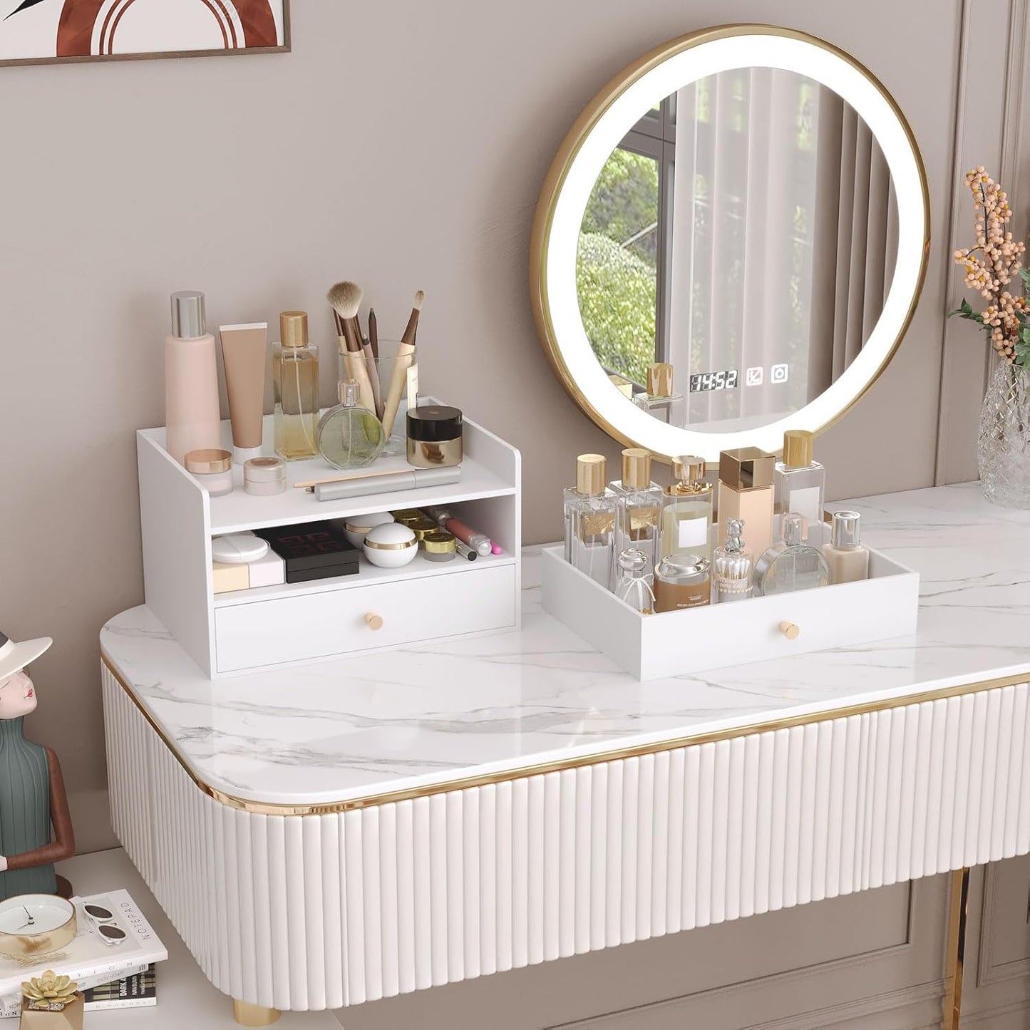 Bamboo Desk Organizer with Drawers Wooden Desktop Storage Organization Box for Bills Office Supplies Kitchen Utensils Organizing Tool for Home Classroom Vanity, No Assembly Required (2 Drawers, White)