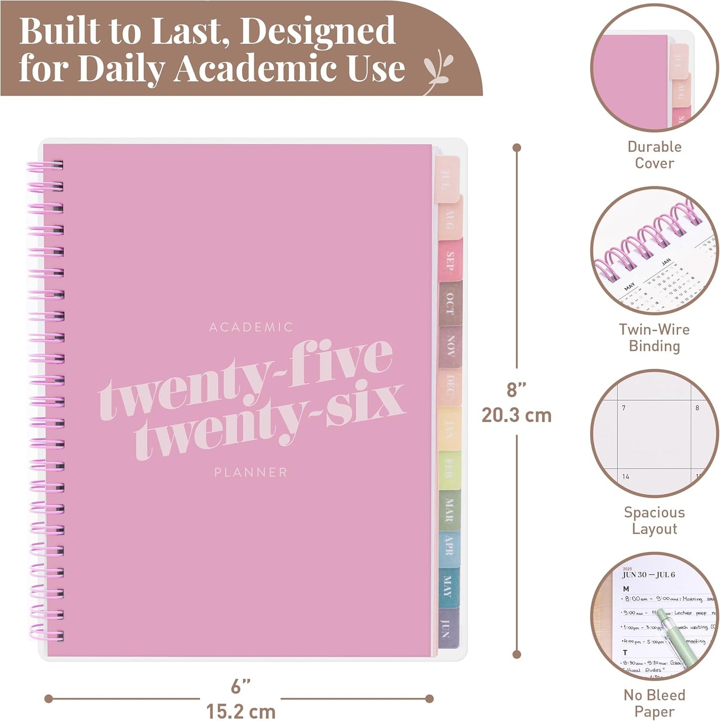 Rileys Academic Planner 2025-2026, Daily, Weekly & Monthly Planner, July 2025 - June 2026, Student Notes Pages, Twin-Wire Binding, Weekly Agenda for School & Work (8 x 6-Inches, Pink, Diagonal)