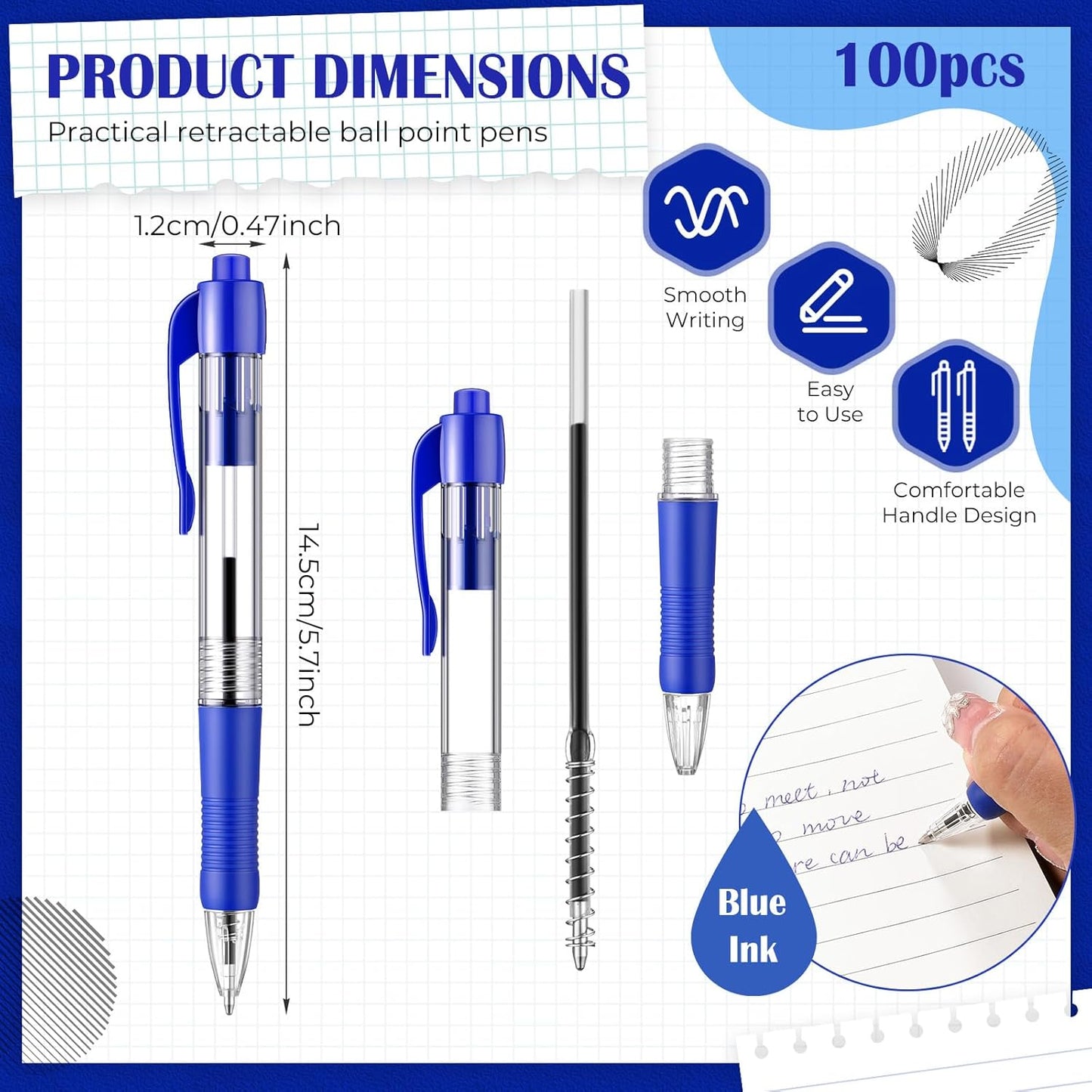 Fulmoon 100 Pcs Gel Ink Pens Retractable Ballpoint Medium Point 1.0 mm Ballpoint Smooth Writing Click Pens for Journal Writing Office Home(Blue Ink)