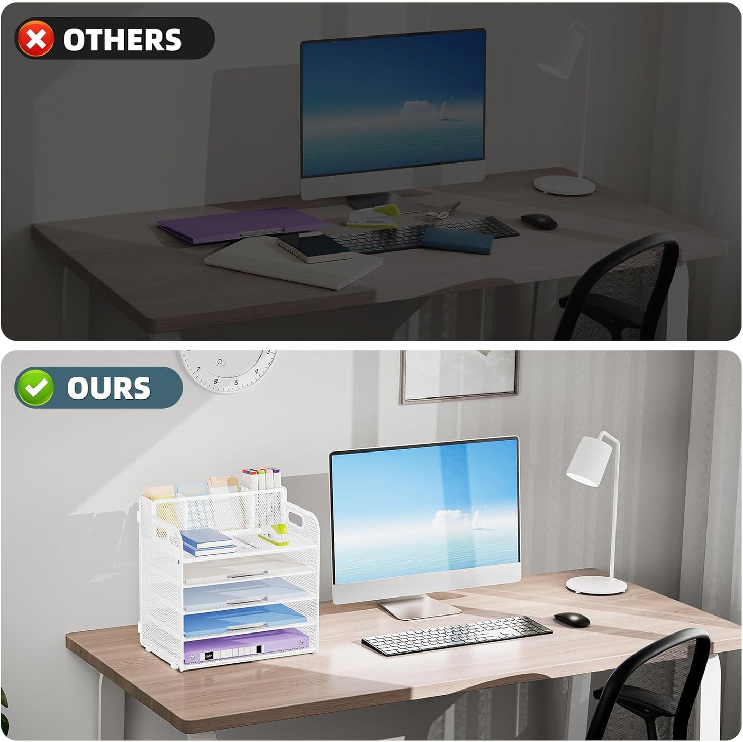 Marbrasse 5 Tier Paper Organizer with 3 Pen Holders, Mesh Desk File Organizer with Handle, Paper Sorter Desk Organizer for Home Office Supplies(White)