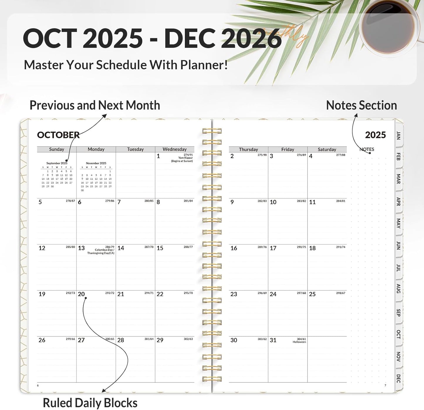 SUNEE Planner 2026 Weekly and Monthly, January 2026-December 2026, 6.4"x8.3", Tabs, Note Pages,Spiral Binding, Black