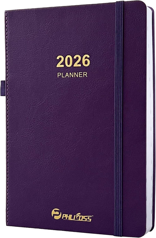 2026 Daily Planner/Calendar, One Page Per Day, Daily Monthly Agenda Planner with Time Slots and Monthly Tabs, Jan - Dec 2026, 5.7" x 8.25" Appointment Book, Pen Holder, Leather Cover (2026-Purple)