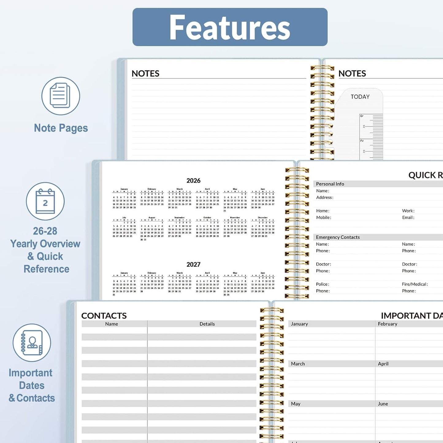 SUNEE 2026 Appointment Planner 15-Minute Time Block – Weekly & Monthly Spiral Organizer with Note Section – Thick Paper, Lay-Flat Bound – 8.5 x 11 for Office, School, Salon, Men & Women, Gray Blue