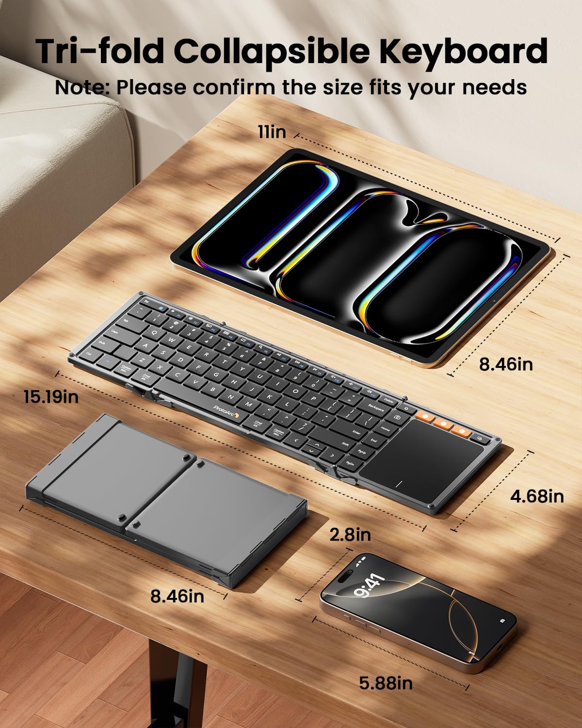 ProtoArc Foldable Keyboard with Touchpad, XK01 TP Folding Portable Keyboard, Full Size Keys, Large Trackpad Bluetooth Travel Keyboards for Laptop PC Tablet - Black Gray