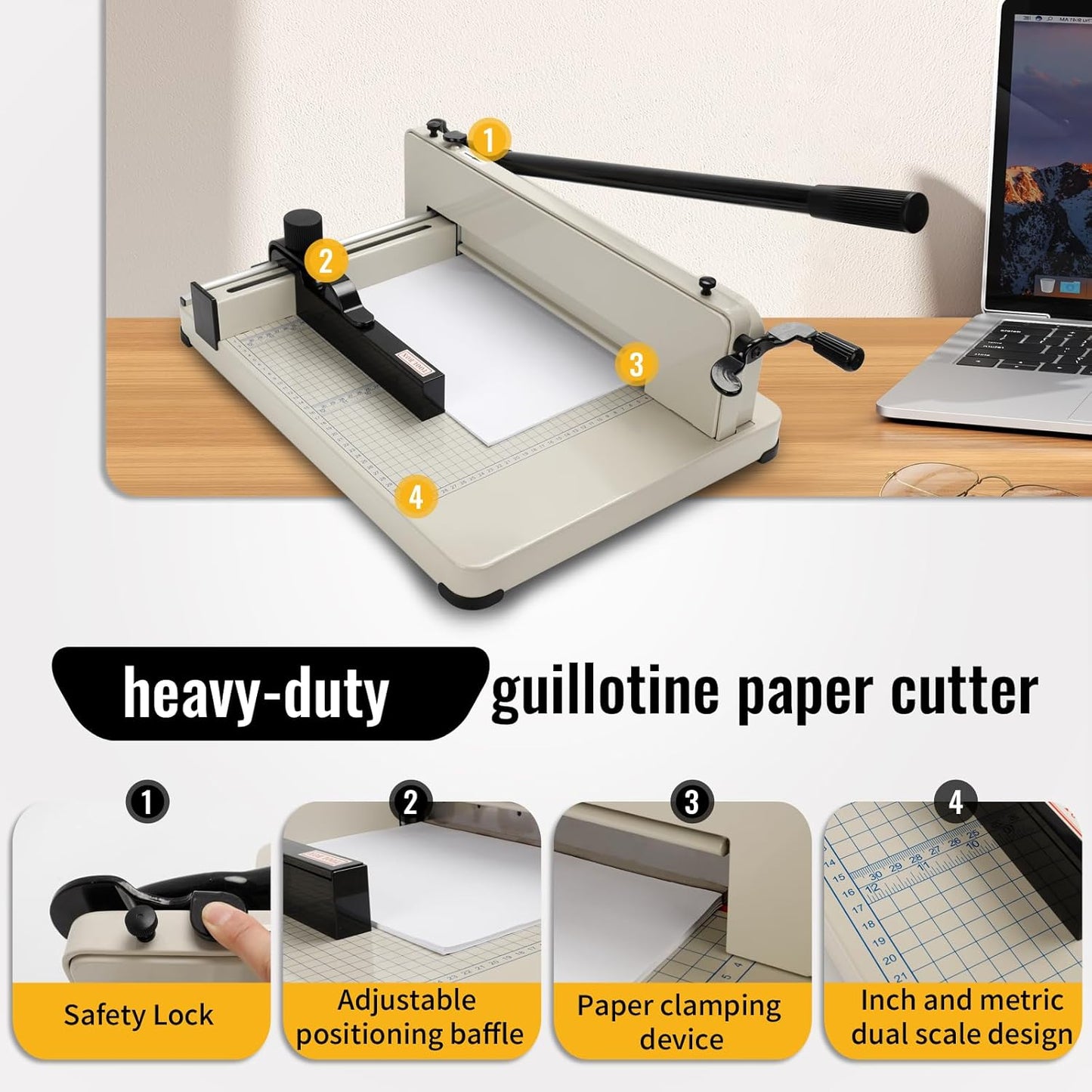 Guillotine Paper Cutter Heavy Duty 400 Sheet Capacity | Paper Cutter 12 Inch for A4 Paper with HSS Blade,Industrial Commercial Trimmer for Office,School,Print Shop,Safety Lock & Clear Grids