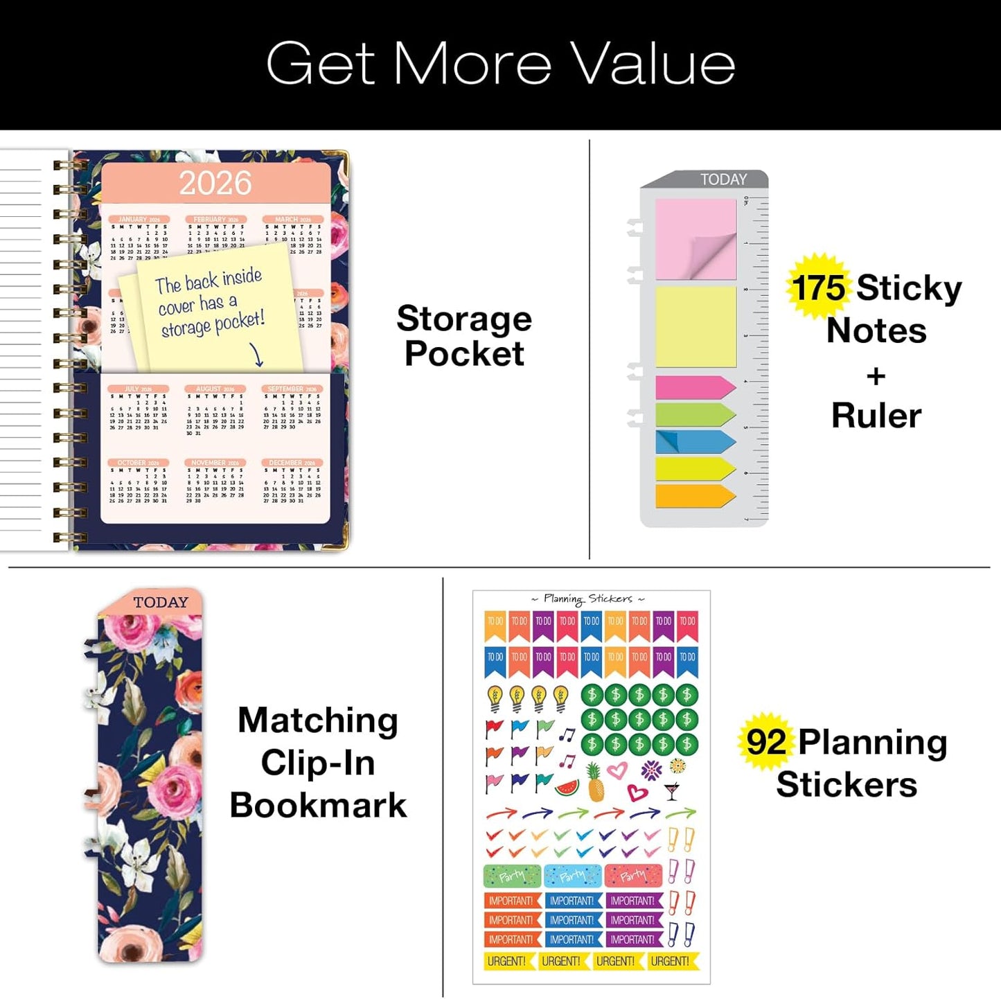 HARDCOVER Academic Year 2025-2026 Planner: (June 2025 Through July 2026) 5.5"x8" Daily Weekly Monthly Planner Yearly Agenda. Bookmark, Pocket Folder and Sticky Note Set (Small Navy Floral)