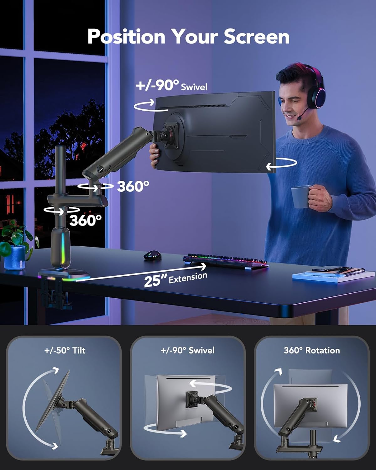 HUANUO RGB Heavy Duty Monitor Arm for Ultrawide Screens up to 57", Holds 44 lbs, Tall Ultrawide Monitor Stand with 29.1" Max Height, Fully Adjustable Single Computer Desk Mount, Max VESA 100x100mm