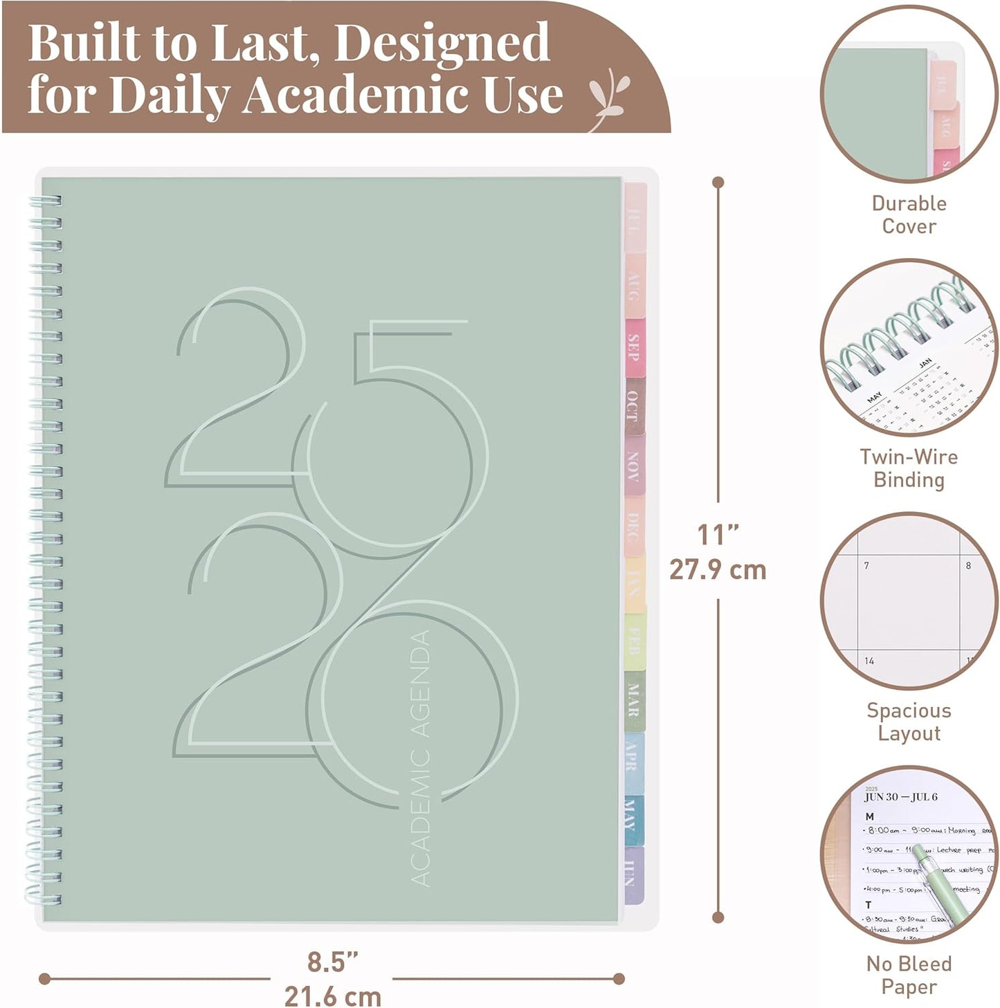 Rileys Academic Planner 2025-2026, Daily, Weekly & Monthly Planner, July 2025 - June 2026, Student Notes Pages, Twin-Wire Binding, Weekly Agenda for School & Work (8.5 x 11-Inches, Green, Deco)