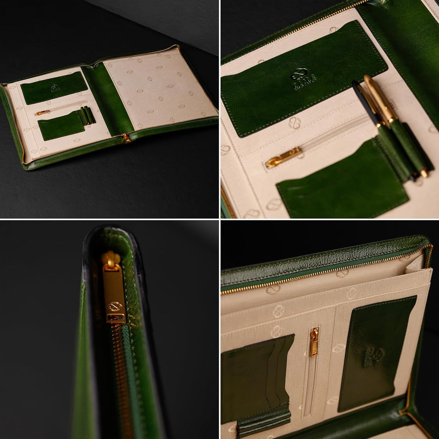 Time Resistance Leather Portfolio - A4 Document Folder - Italian Handcrafted Padfolio Organizer (Green) - Gift Box Included