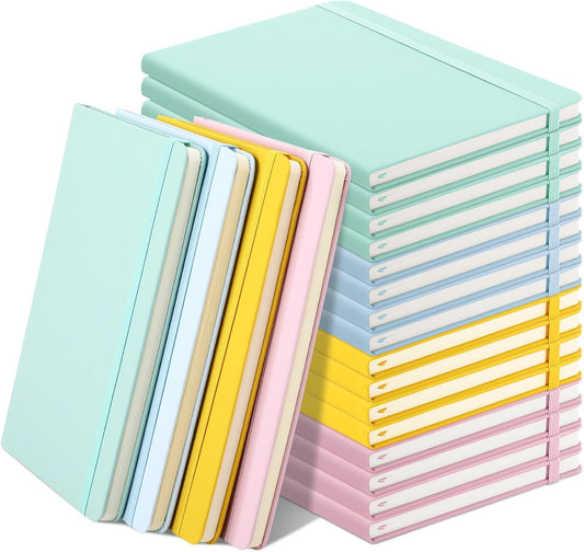 Honoson 20 Pack Lined Journal Notebooks A5 Hardcover Executive Notebook 5.5 x 8.3 PU Leather Wide Ruled Journals Bulk with Elastic Band for Home Business Office School Supplies(4 Pastel Colors)