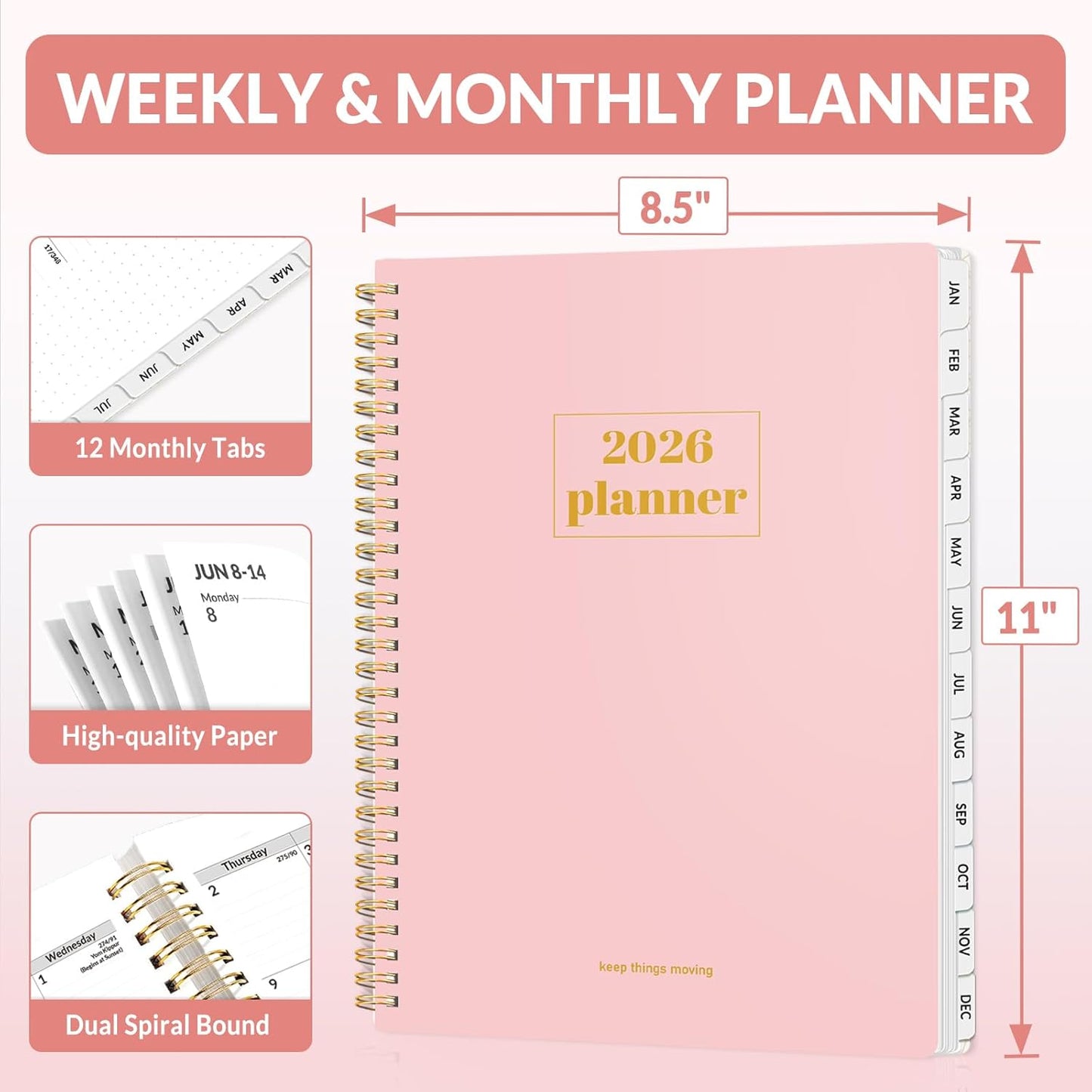SUNEE Planner 2026 Weekly and Monthly, January 2026-December 2026, 8.5"x11", Tabs, Note Pages,Spiral Binding, Pink