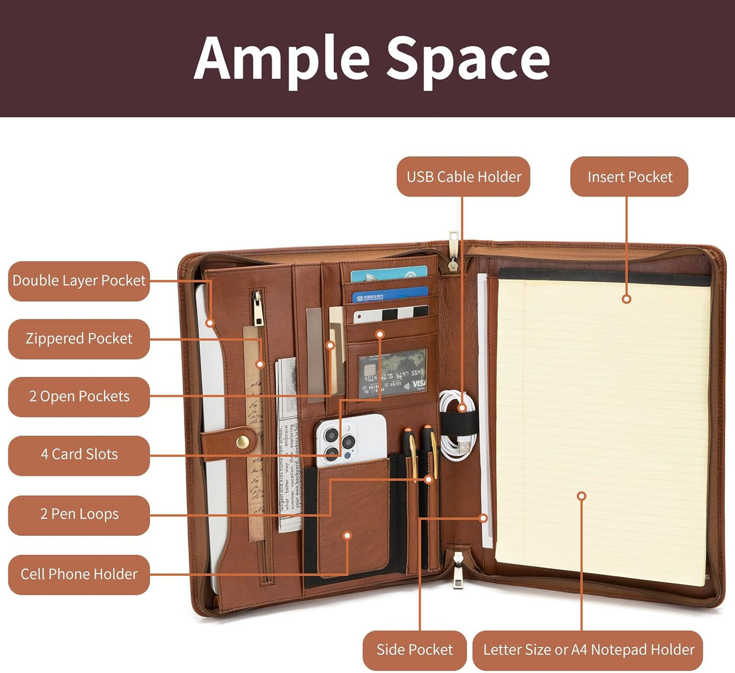 Genuine Leather Portfolio for Women and Men, 8.5 x 11 Legal Pad Padfolio, Zippered Notebook Organizer for 13” Laptop, Business Executive Professional Folio for Work, Brown, Oil Tanned