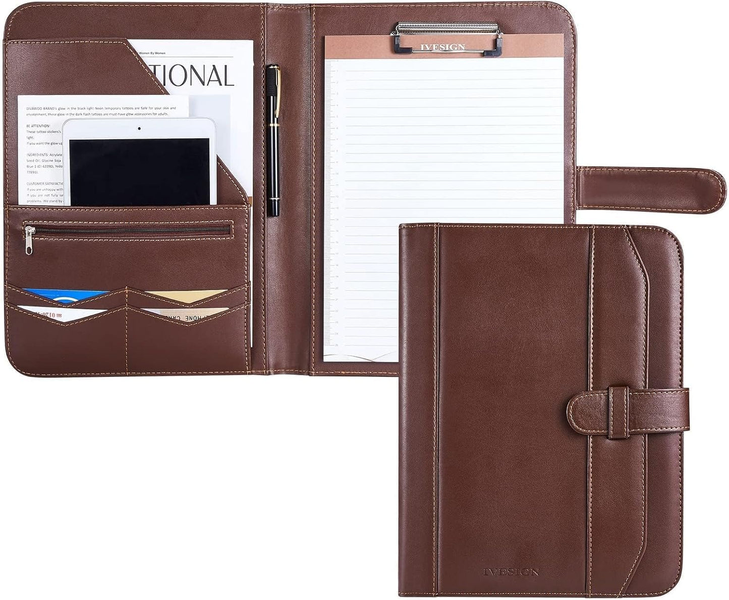 IVESIGN Leather Portfolio Notebook with Folder, Storage Clipboard with Cover for Legal Pad Holder Letter Size A4 Writing Pad for Business School Office Resume Conference Notepad Clip Boards (Brown)