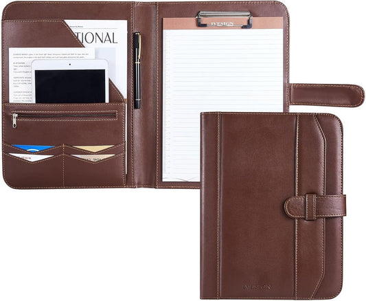 IVESIGN Leather Portfolio Notebook with Folder, Storage Clipboard with Cover for Legal Pad Holder Letter Size A4 Writing Pad for Business School Office Resume Conference Notepad Clip Boards (Brown)