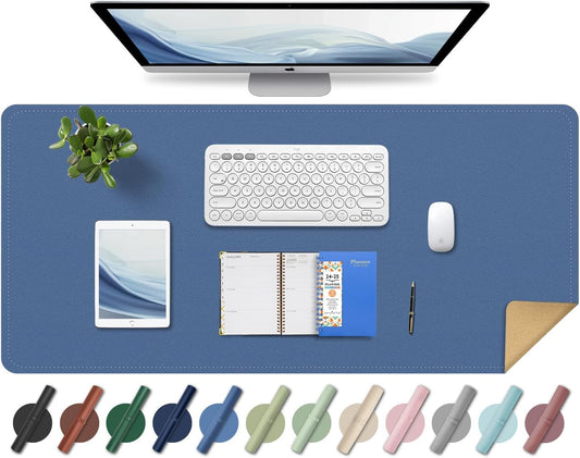 Large Desk Pad 35.4" x 17", Non-Slip Desk Mat with PU Leather & Natural Cork, Waterproof Writing Desk Natural Cork, Computer Mat Desk Protector for Office Home, Lake Blue