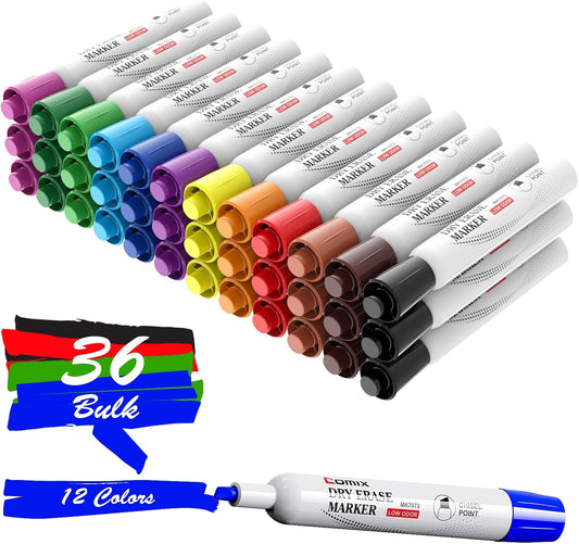 Comix Dry Erase Markers, Chisel Tip White Board Markers, 36 Count 12 Assorted Colors Low Odor Markers for Kids Teachers Office & School Supplies