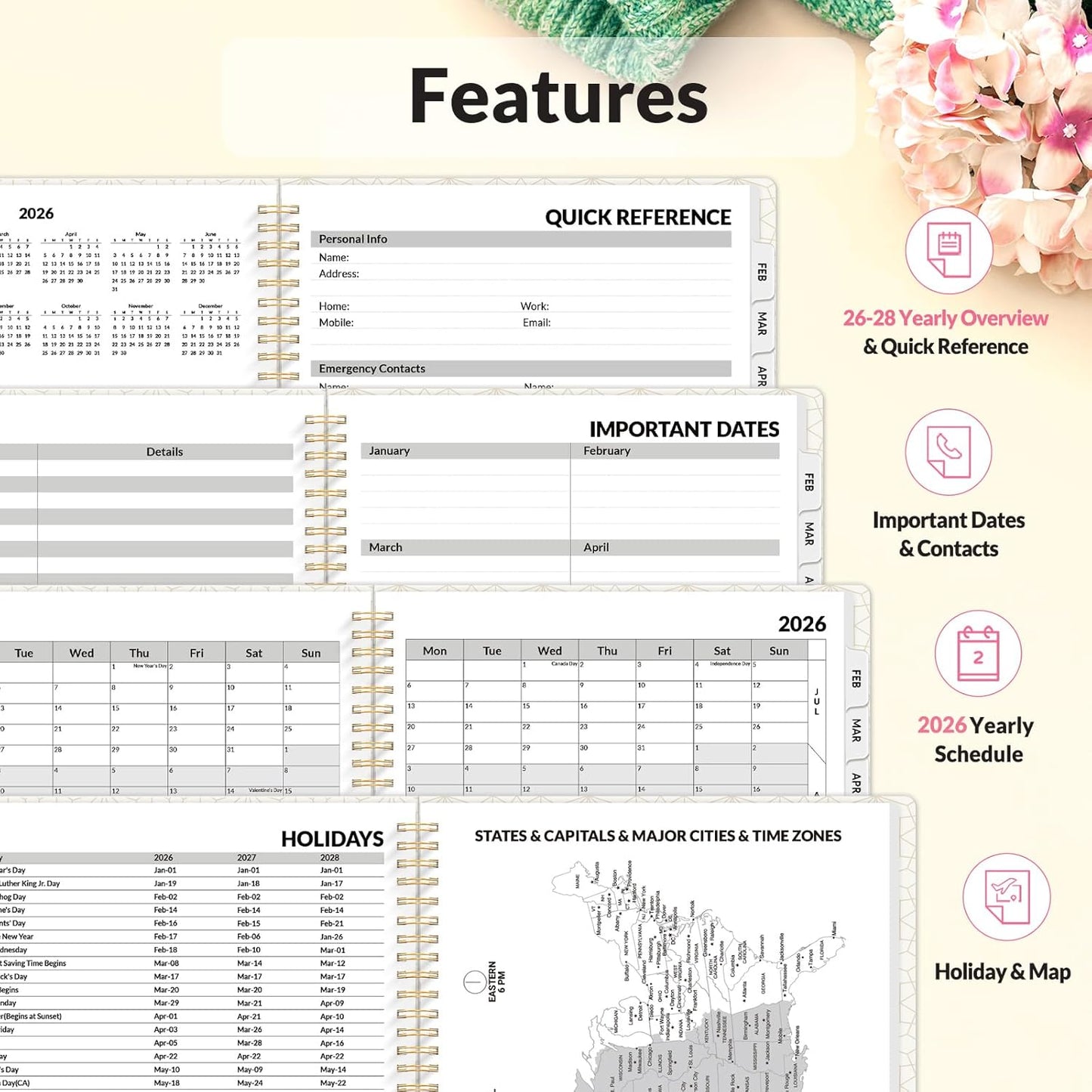 SUNEE Planner 2026 Weekly and Monthly, January 2026-December 2026, 8.5"x11", Tabs, Note Pages,Spiral Binding, Watercolor Flowers