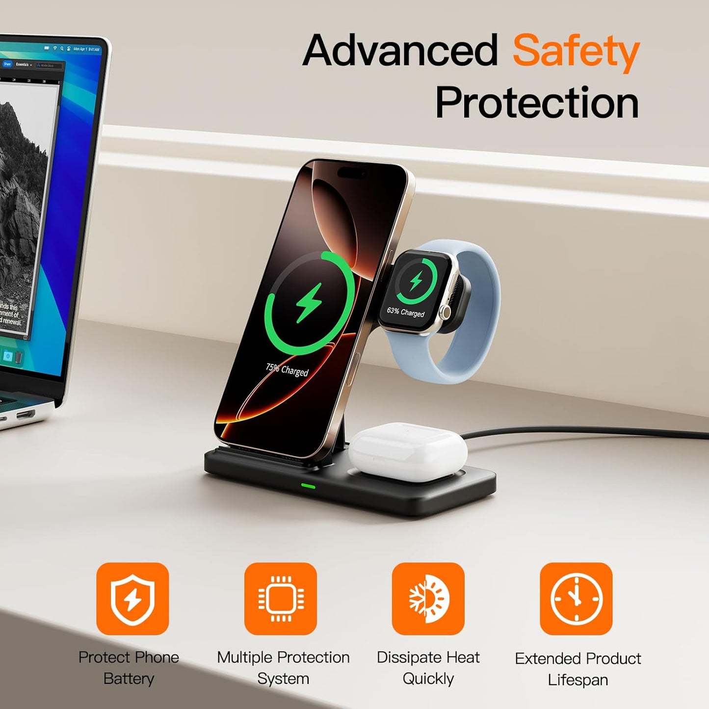 2025 3 in 1 Wireless Charger for iphone17 16 15 14 13 12 11 XR 8, Apple Charging Station for Apple Watch 10/9/Ultra/8/7/SE/6/5/4 & AirPods Series, Wireless Charging Station for Multiple Devices Apple