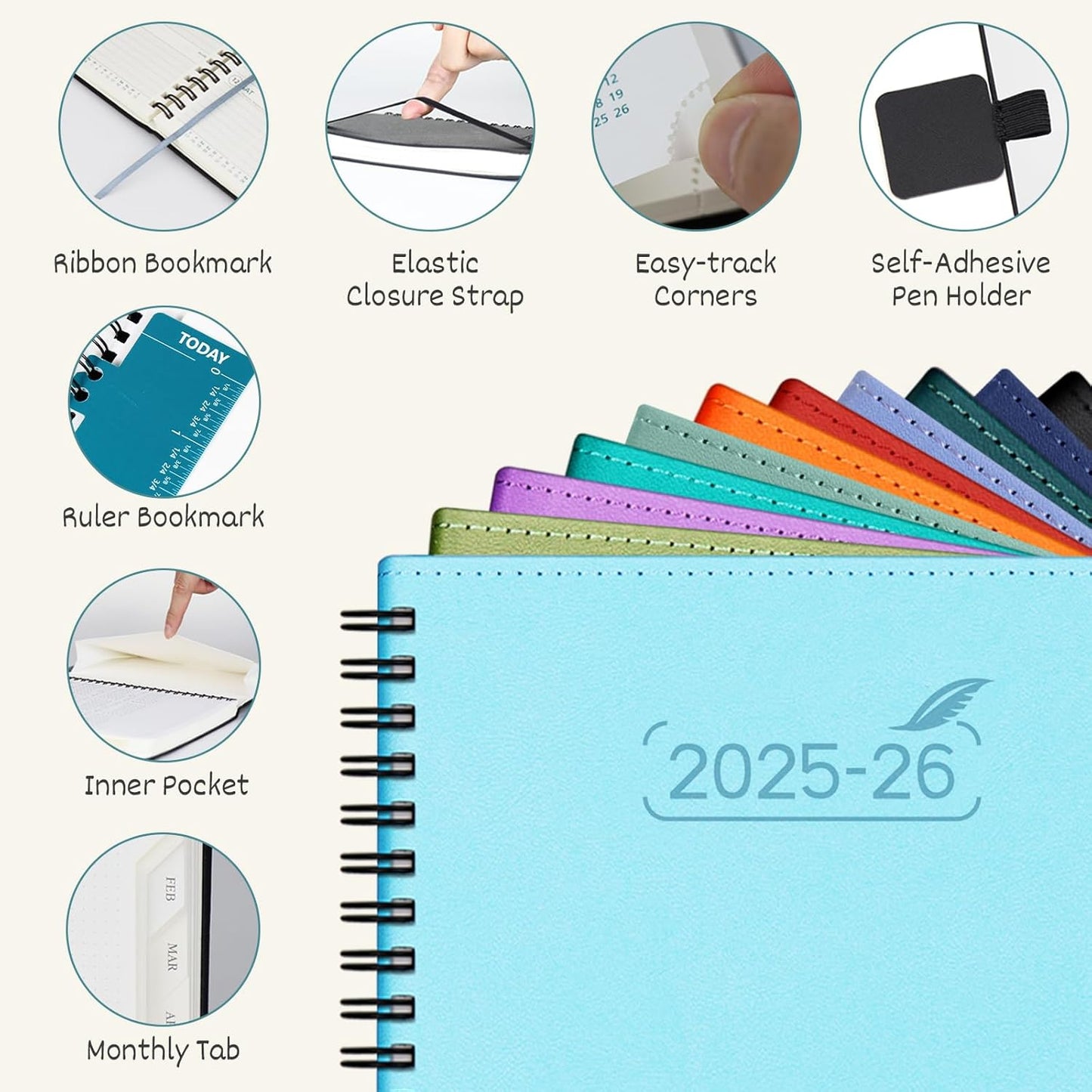 BEZEND Planner 2025-2026 Weekly and Monthly, 5.8" x 8.5" Academic Calendar (Jul 25-Dec 26) Vertical Daily Appointment with Hourly Timeslot & Monthly Tab, Spiral, PU Leather Softcover - Sky Blue