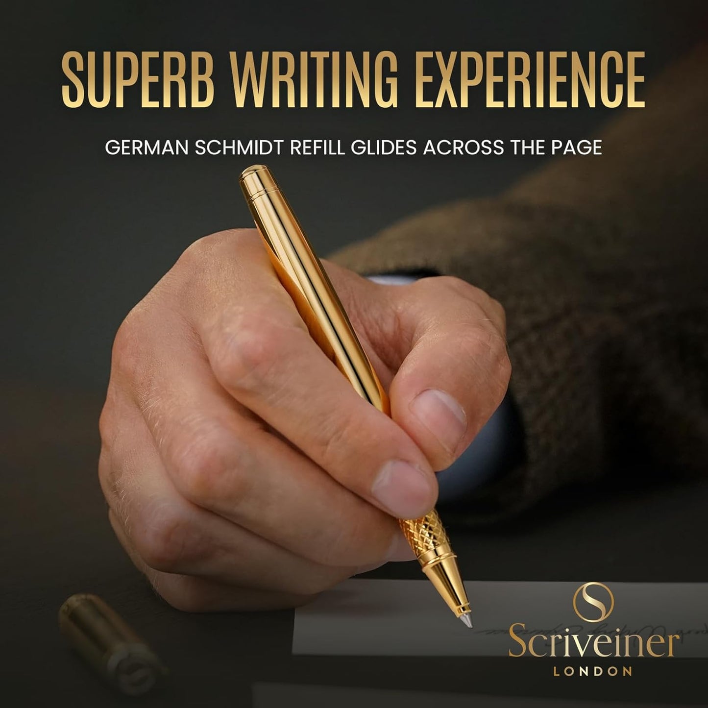 Scriveiner Gold Rollerball Pen - Stunning Luxury Pen, Real Gold Plating, Schmidt Ink Refill, Best Roller Ball Pen Gift Set for Men & Women, Professional, Executive Office, Nice Pens